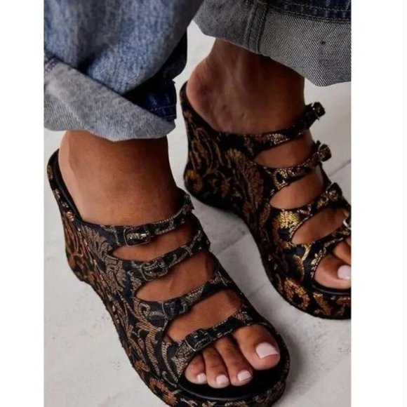 Free People Shoes - New Free People Huffman Buckle Black Brocade Gold Leather Bohemian Wedge Size 38